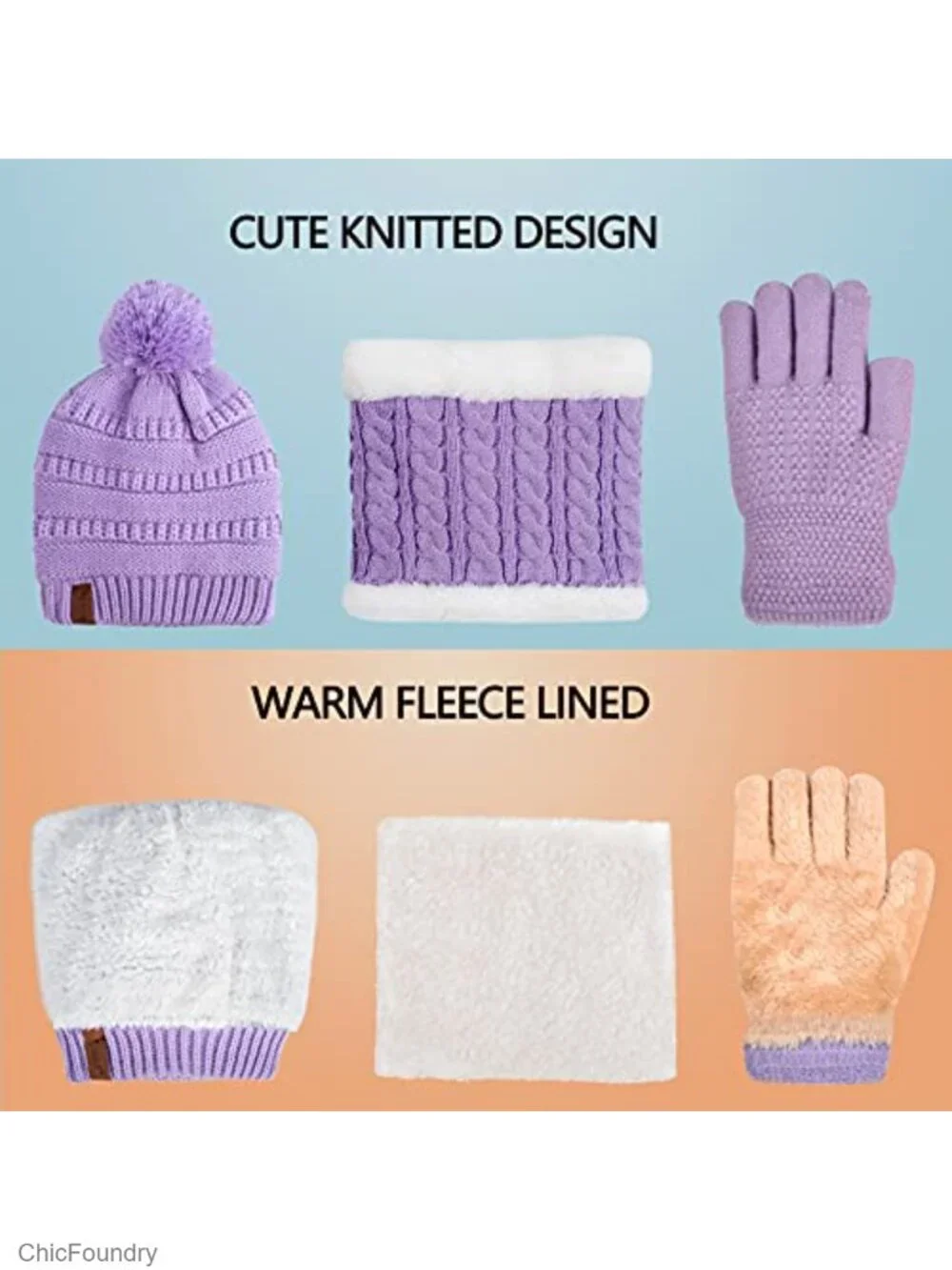 Kids Winter Beanie Hat Scarf Gloves Set with Fleece Lining